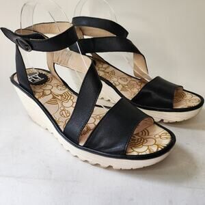 Fly London Yesk Wedge Sandals EU 41 US 10-10.5 Black Leather Strappy Open Toe